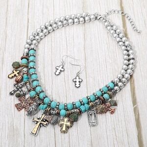 Boho Multi Cross Charm Beaded Layered Statement Necklace